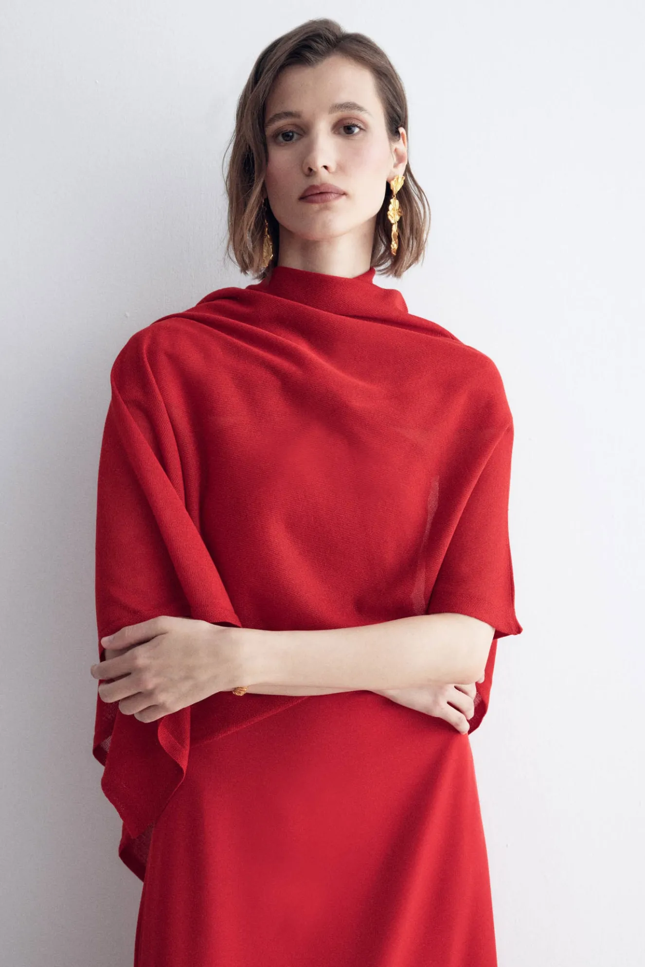 Red Knitted Poncho for Women - BIMANI
