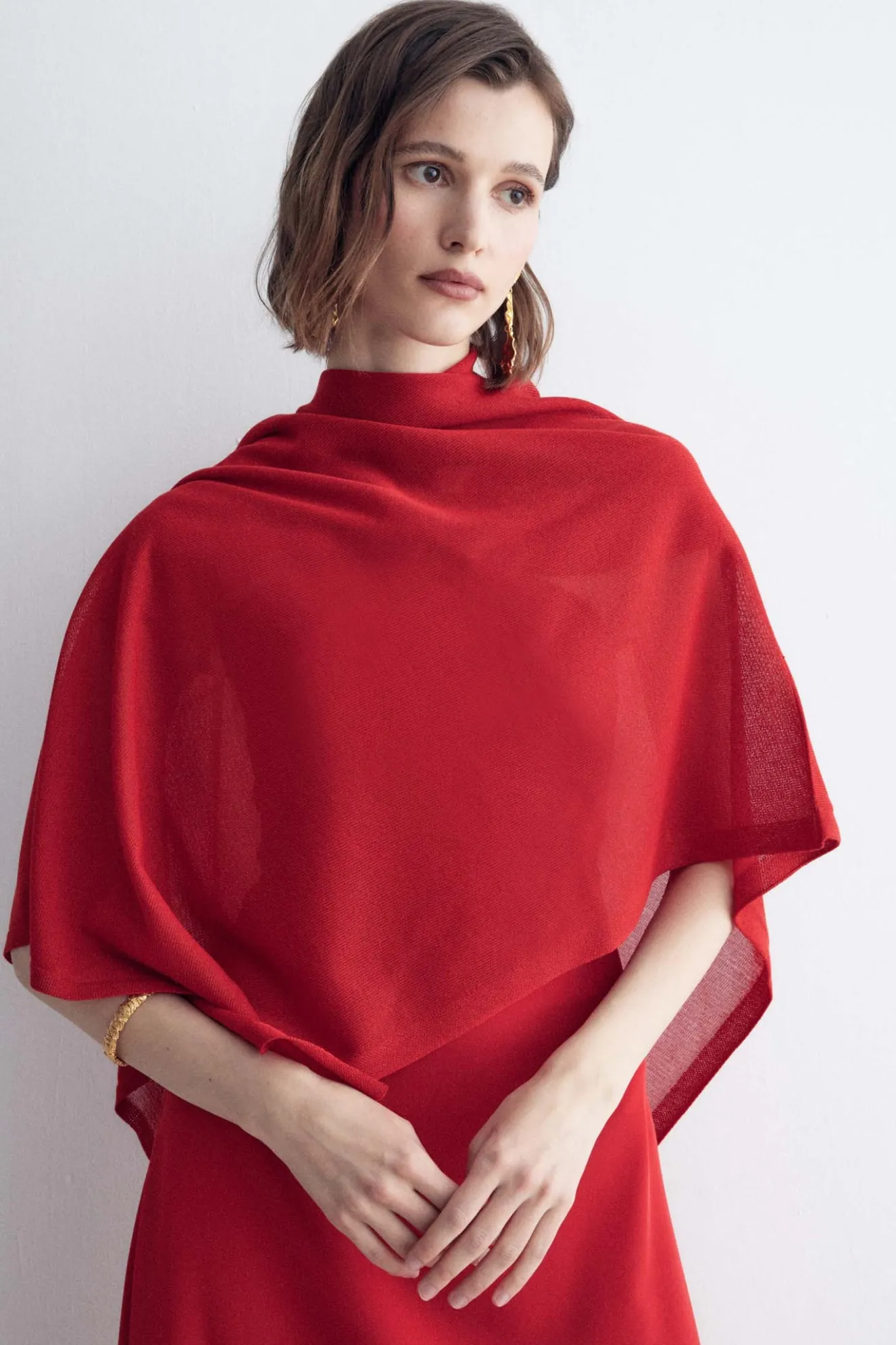 Red Knitted Poncho for Women - BIMANI